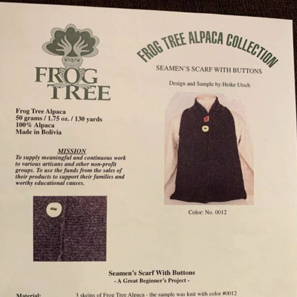 New Frog Tree Alpaca FT Seamen's Scarf with buttons Knitting Pattern - Picture 2 of 2